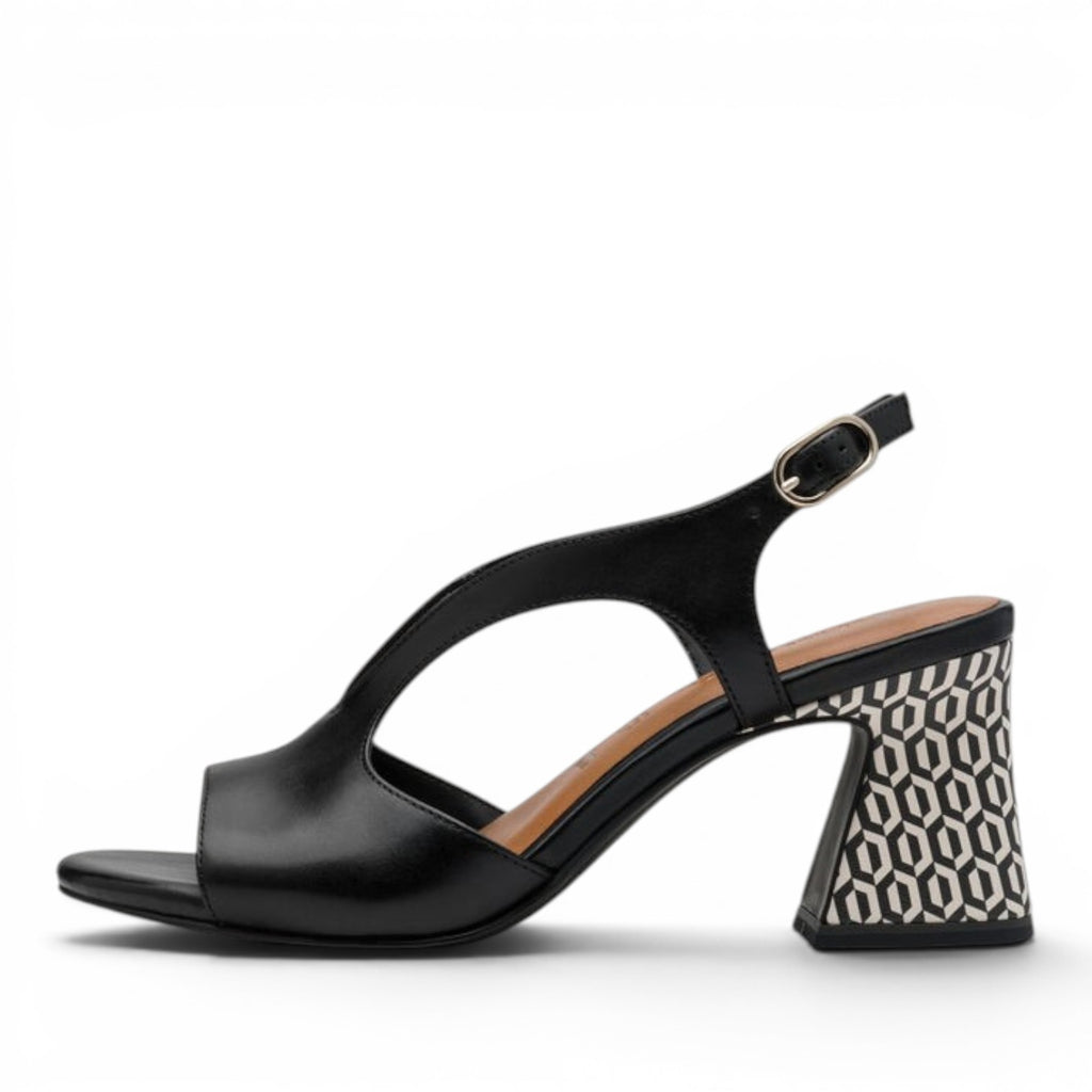 ShoeShop Tamaris black leather slingback sandals with a patterned geometric block heel