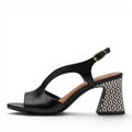 ShoeShop Tamaris black leather slingback sandals with a patterned geometric block heel