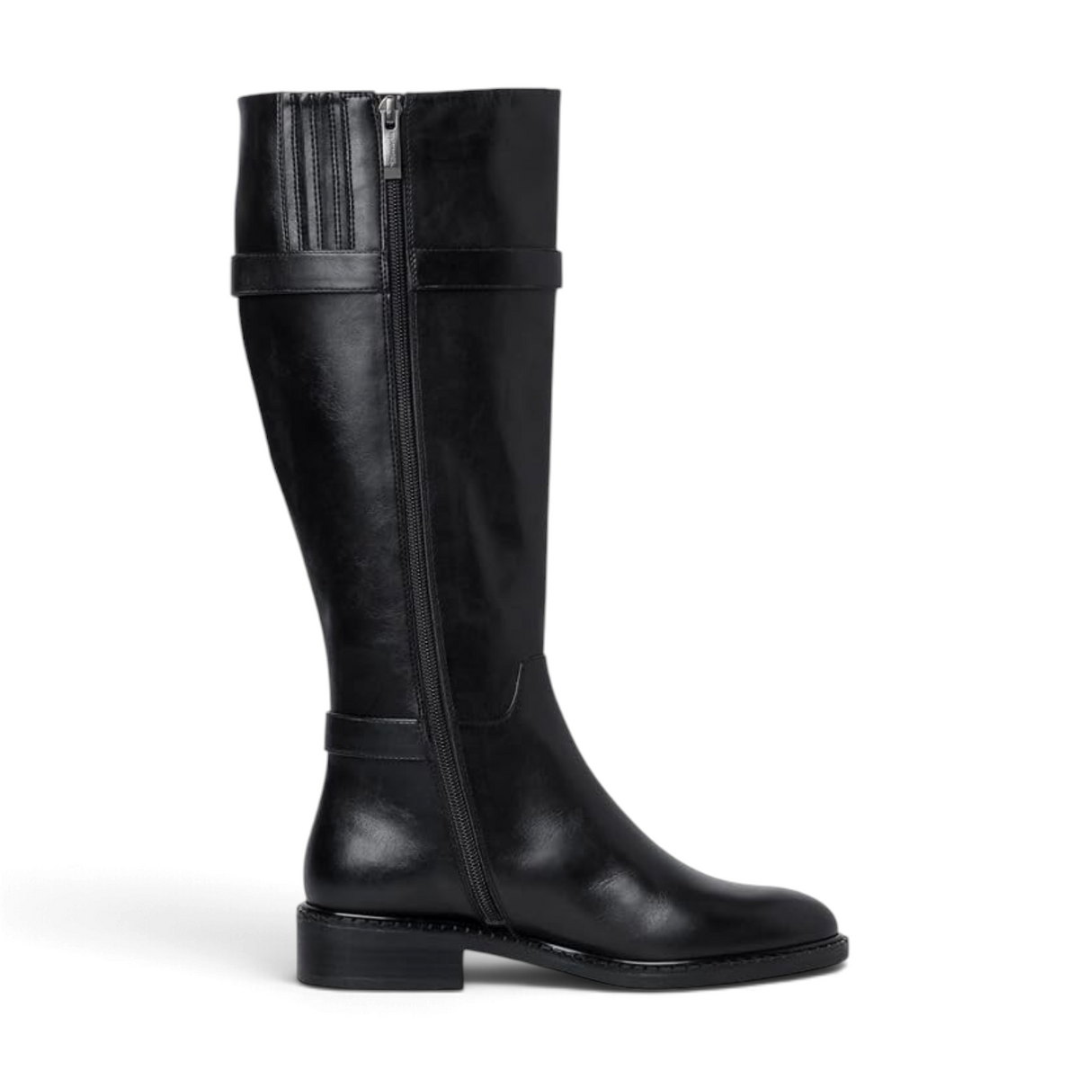 ShoeShop Tamaris black synthetic knee-high boots with side zipper, textile lining, and 3cm low heel