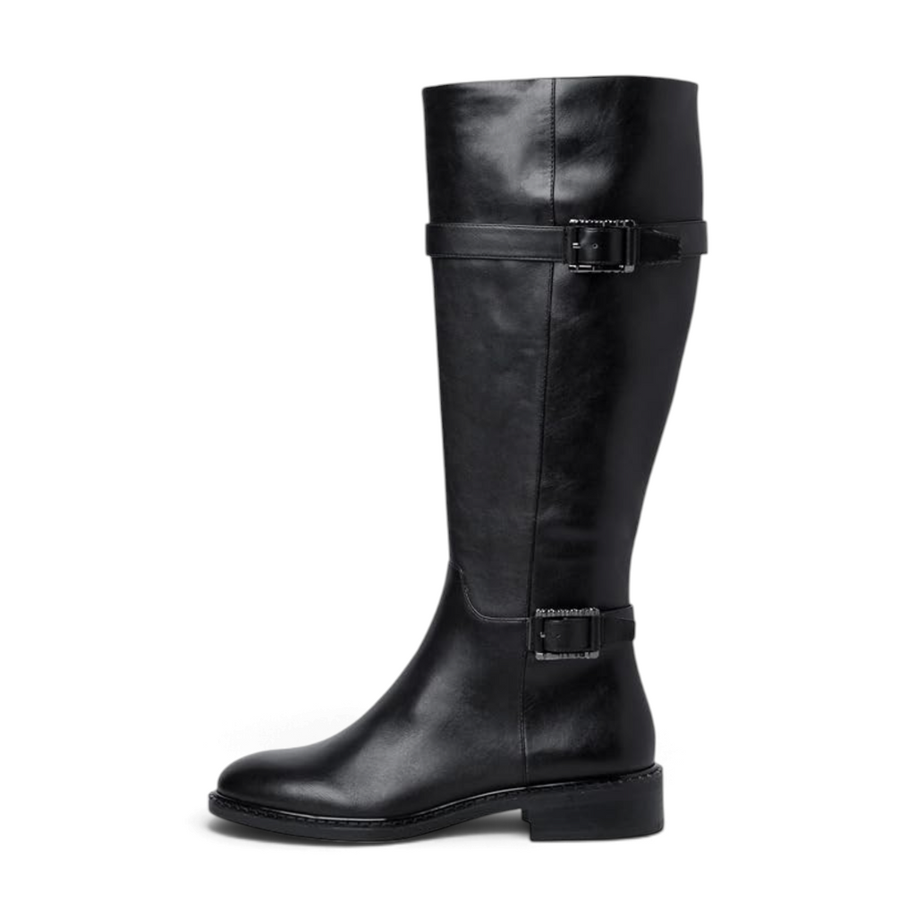 ShoeShop Tamaris black synthetic knee-high boots with dual buckle straps and a 3cm block heel