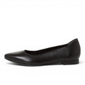 ShoeShop Tamaris black leather ballet flats with a pointed toe and low rubber sole for comfortable daily wear.