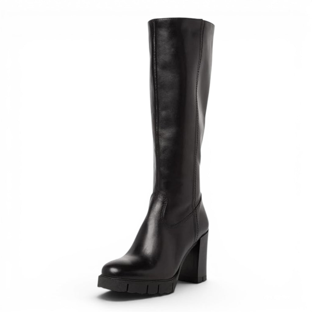 ShoeShop Tamaris black leather knee-high boots with a 9.5cm block heel and chunky rubber lug sole