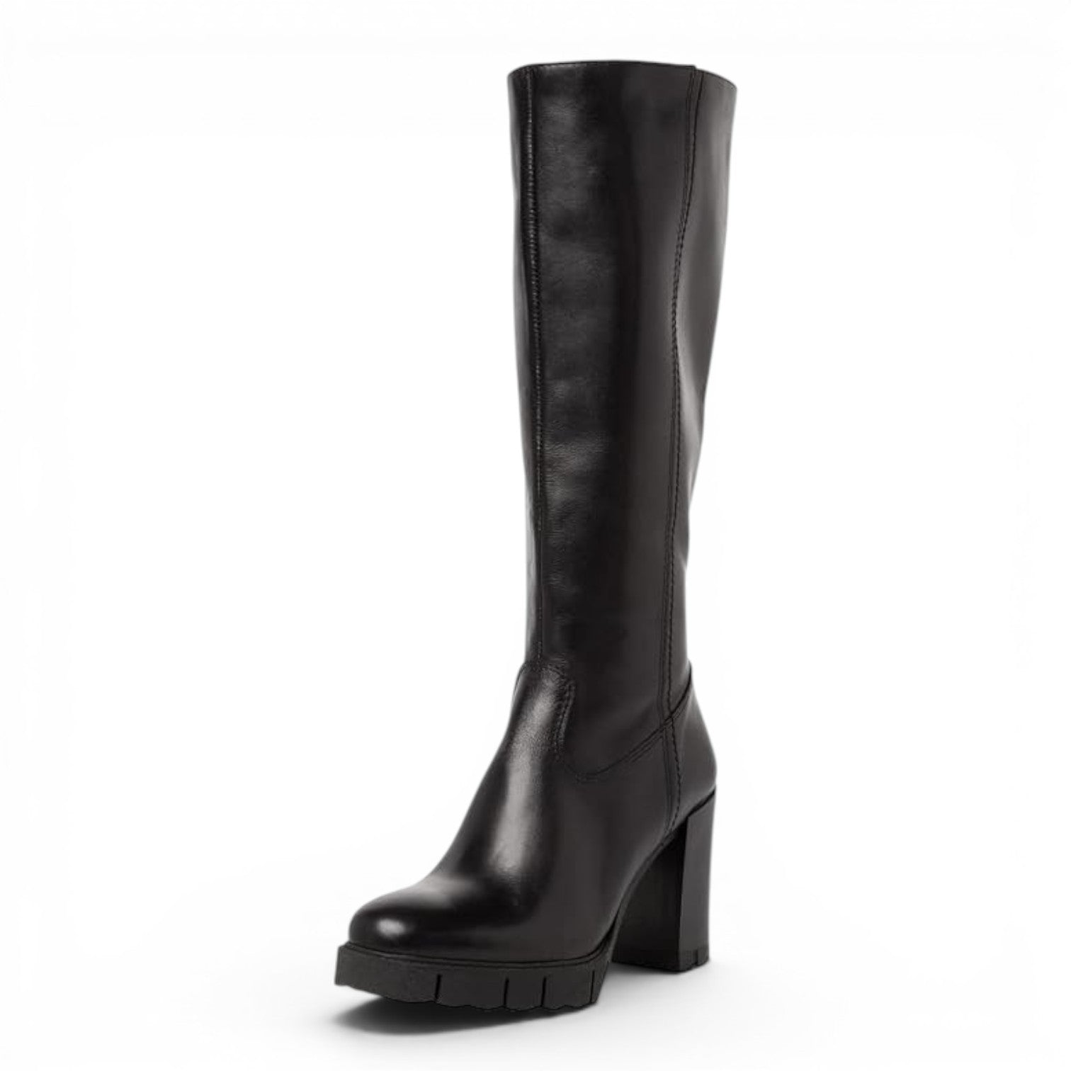 ShoeShop Tamaris black leather knee-high boots with a 9.5cm block heel and chunky rubber lug sole