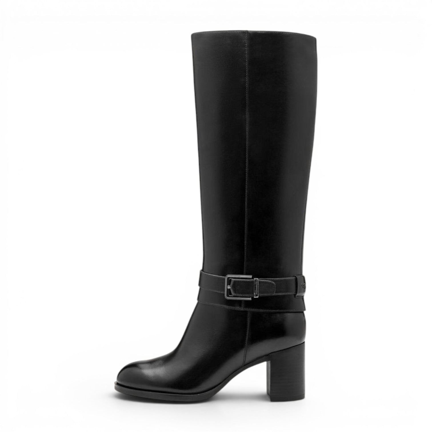 ShoeShop Tamaris black leather knee-high boots with a 6.5cm block heel and decorative ankle buckle strap.
