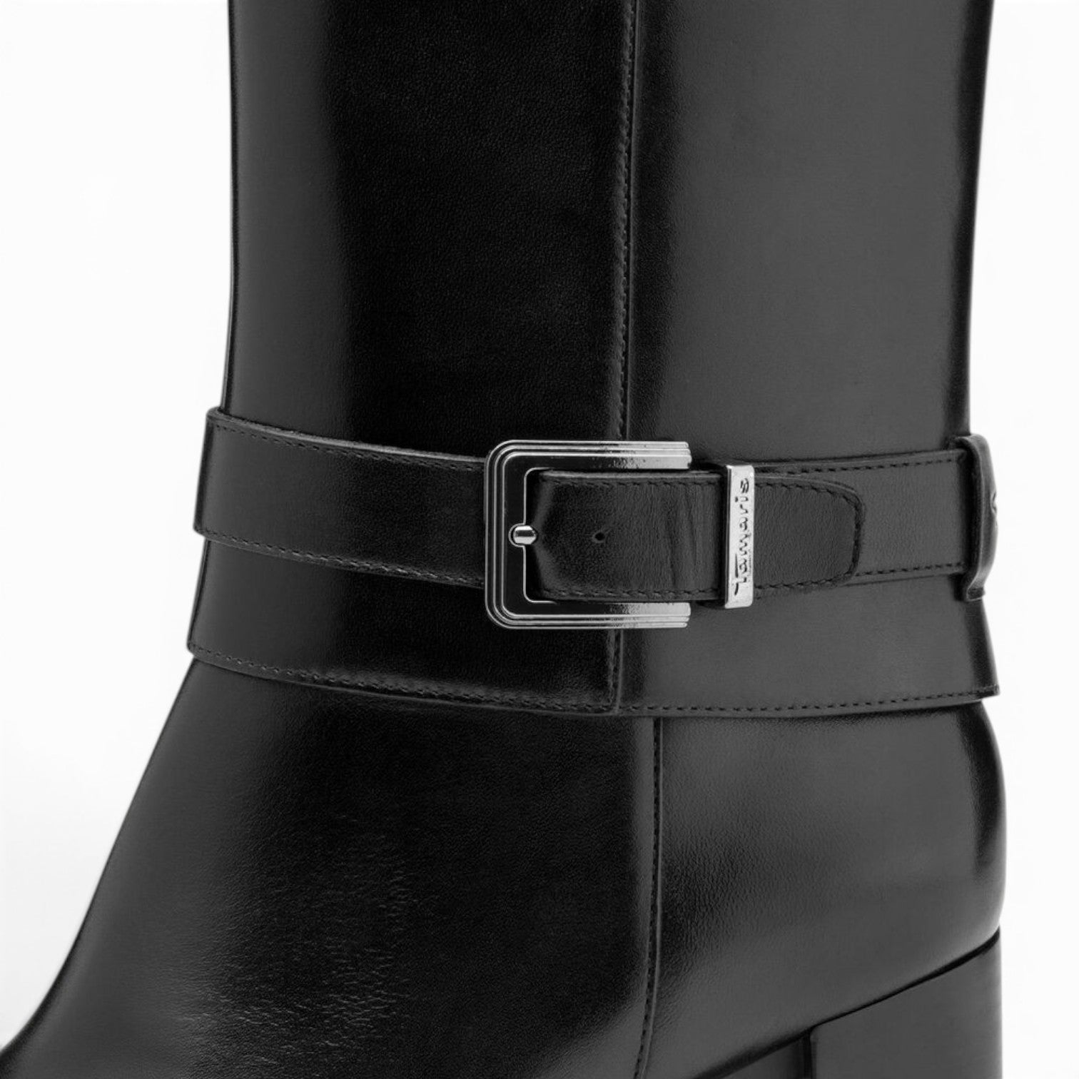ShoeShop Tamaris black leather knee-high boot with a silver buckle strap detail and a 6.5cm block heel
