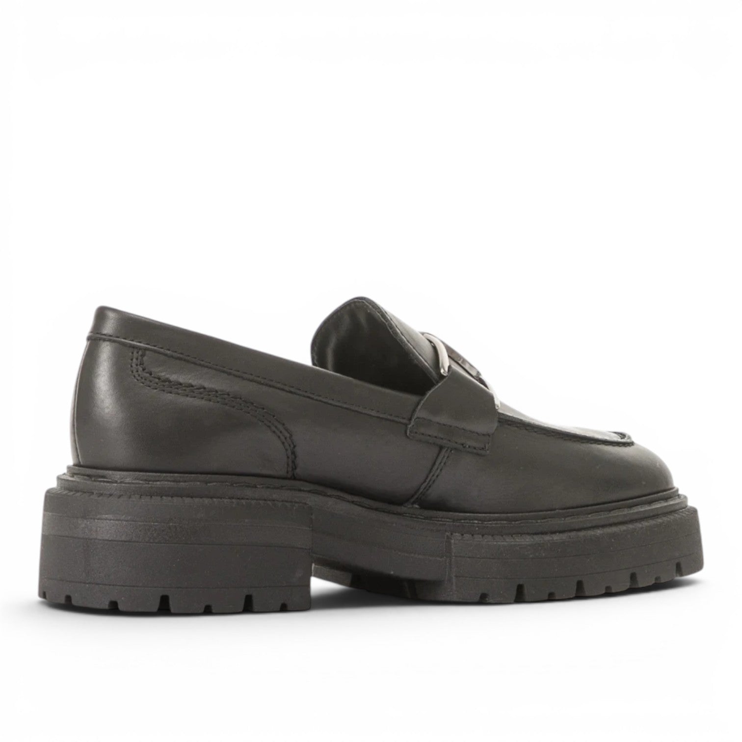 ShoeShop Tamaris black leather loafers with a chunky lug sole and silver metal detail on the front
