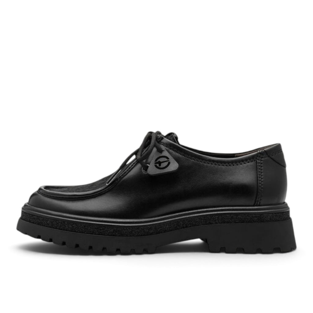 ShoeShop Tamaris black leather lace-up shoes with a chunky lug sole and moc-toe detailing