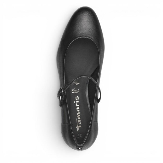 ShoeShop Tamaris black leather Mary Jane flats with a slim strap and rounded toe, top-down view