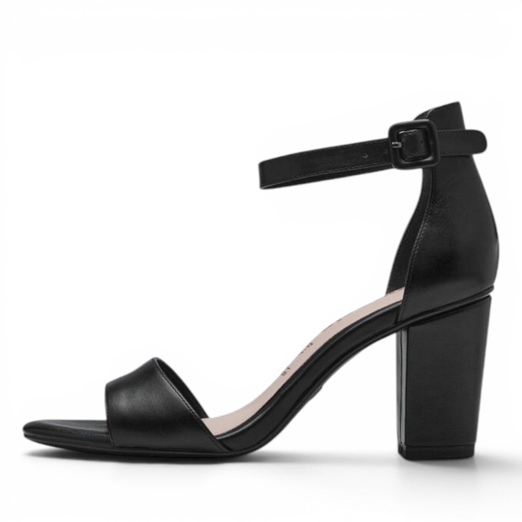 ShoeShop Tamaris black leather heeled sandals with an ankle strap and 8.5cm block heel