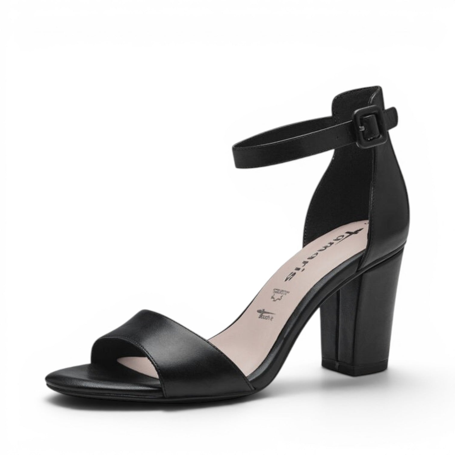ShoeShop Tamaris black leather heeled sandals with an ankle strap and 8.5cm block heel