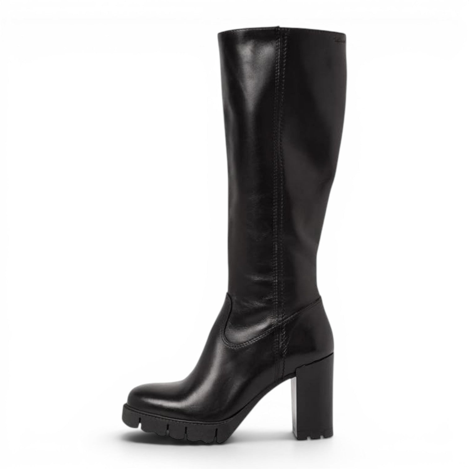 ShoeShop Tamaris black leather knee-high boots with a chunky 9.5cm block heel and lugged rubber sole