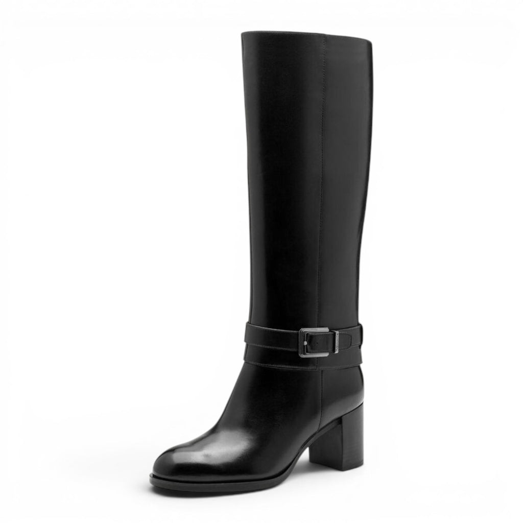 ShoeShop Tamaris black leather knee-high boots with a 6.5cm block heel and decorative buckle strap detail.