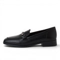 ShoeShop Tamaris black leather loafers with a metallic bit detail and a low rubber heel.