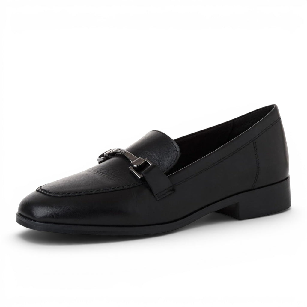 ShoeShop Tamaris black leather loafers with a metallic buckle detail and comfortable rubber sole.