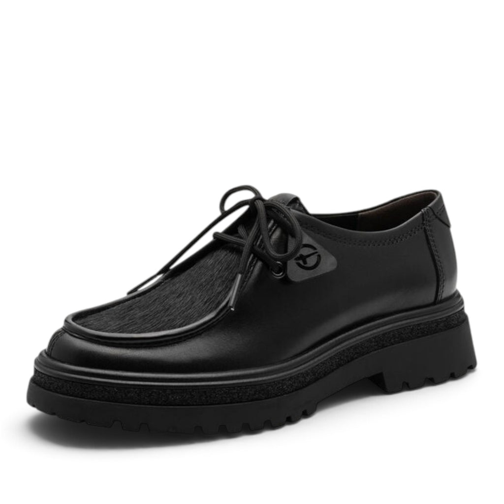 ShoeShop Tamaris black leather lace-up shoes with textured panel and chunky lug sole