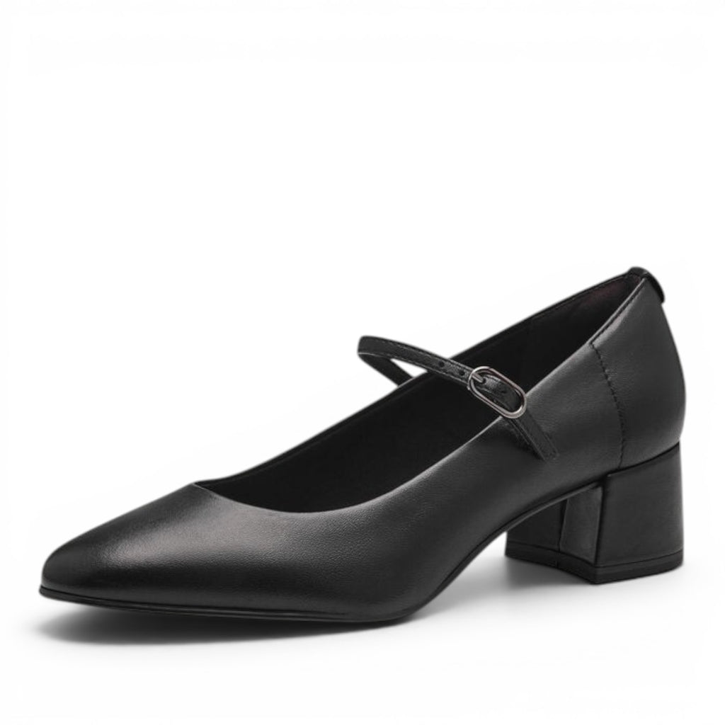 ShoeShop Tamaris black leather Mary Jane pumps with a block heel and adjustable strap