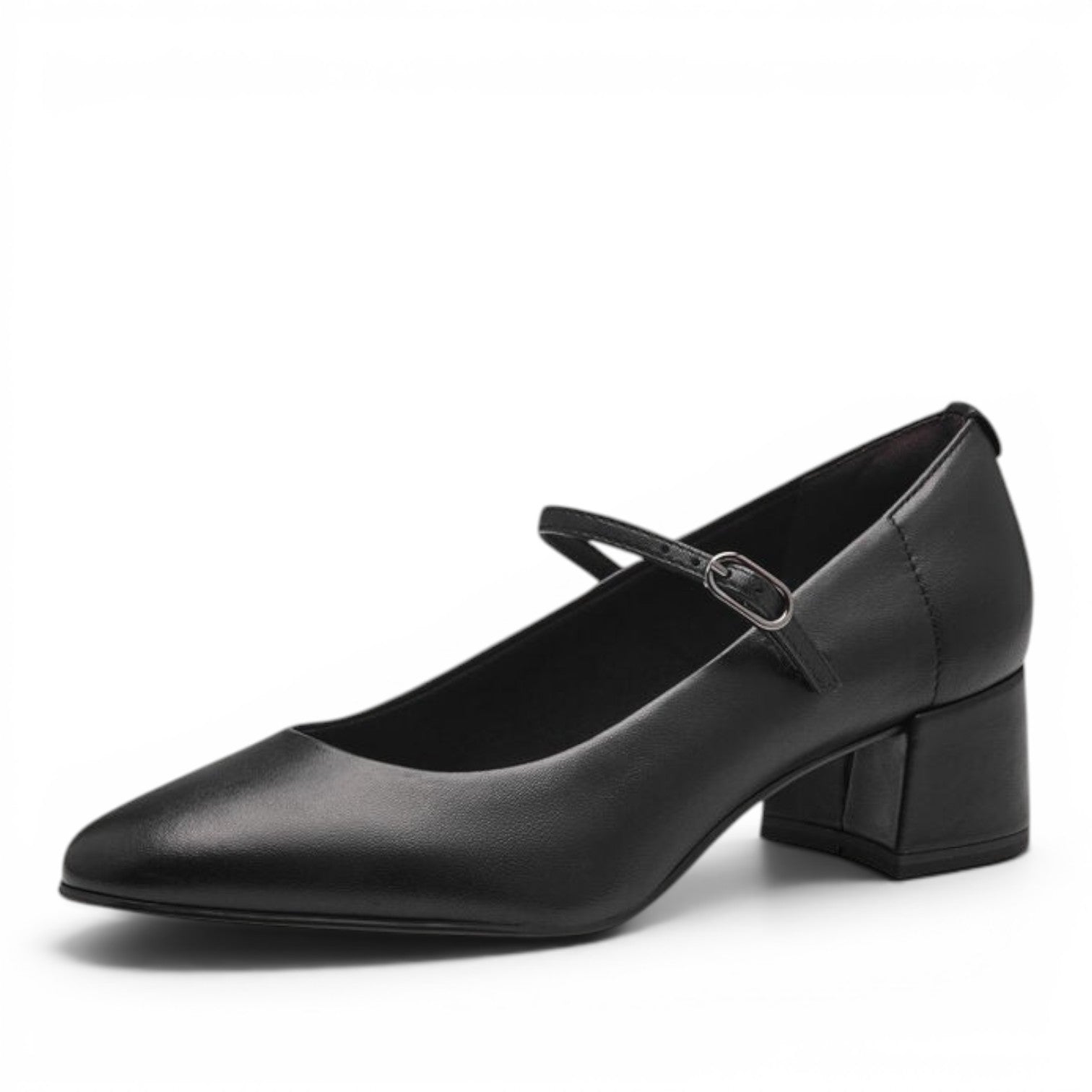 ShoeShop Tamaris black leather Mary Jane pumps with a block heel and adjustable strap
