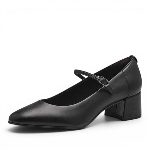 ShoeShop Tamaris black leather Mary Jane pumps with a block heel and adjustable strap