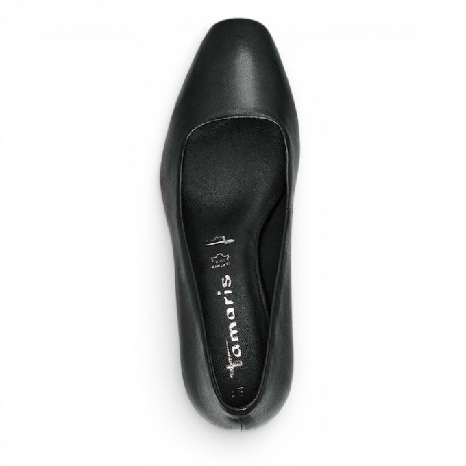 ShoeShop Tamaris black leather court shoe viewed from above with a classic almond toe design.