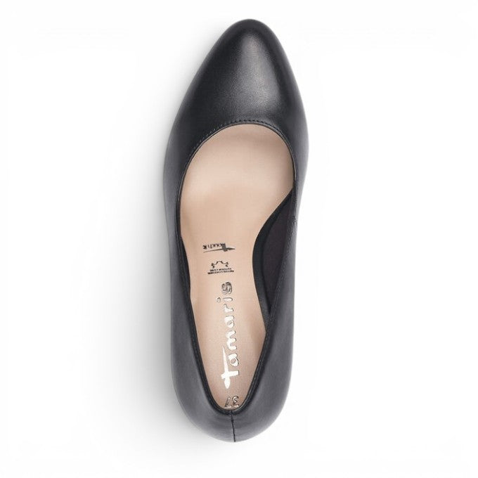 ShoeShop Tamaris black leather classic high heel pump, top-down view