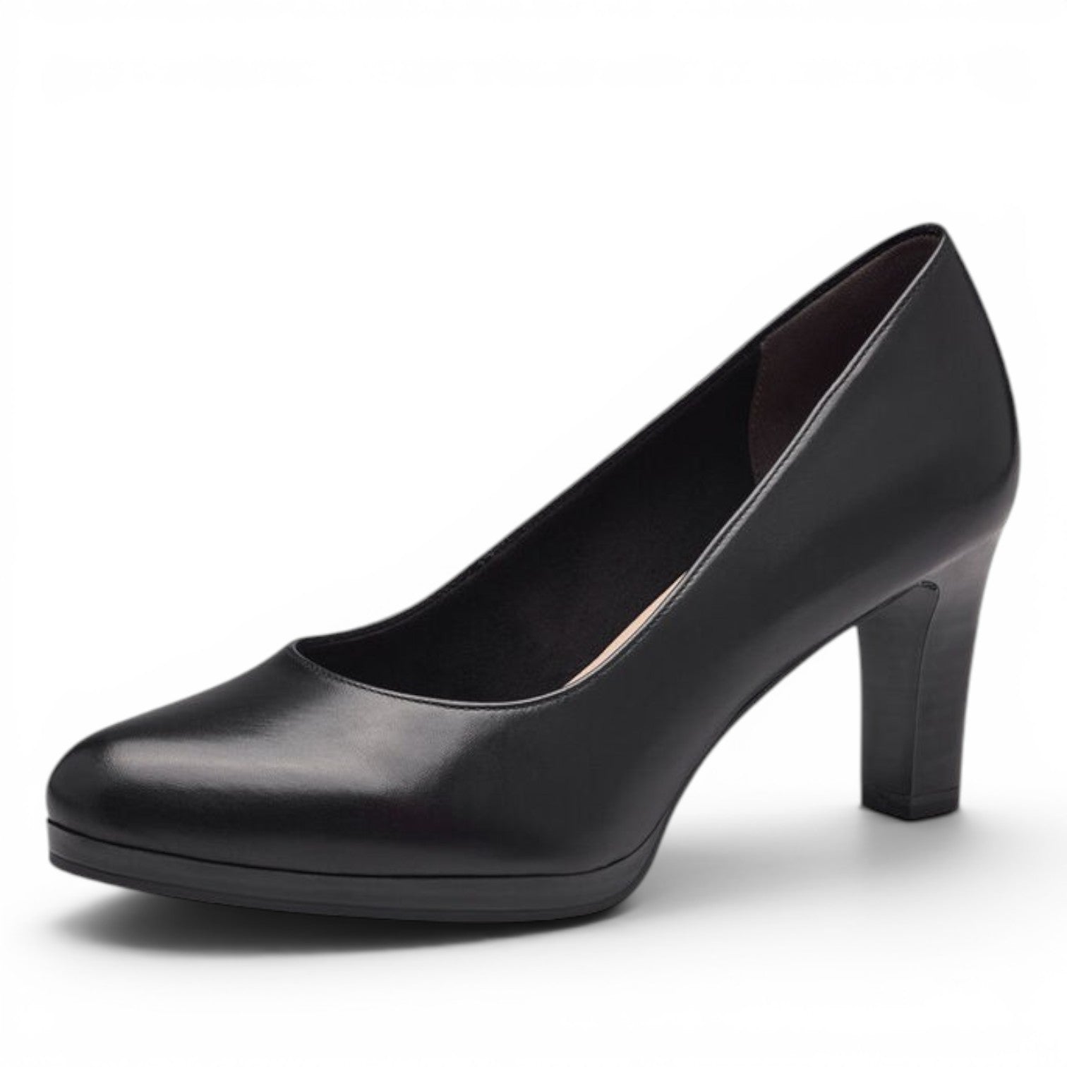 ShoeShop Tamaris black leather classic high heel pumps with a rounded toe and platform sole