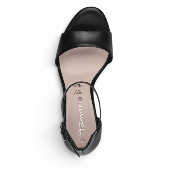 ShoeShop Tamaris black leather high heel sandals with an 8.5cm heel and non-slip rubber sole, top view.