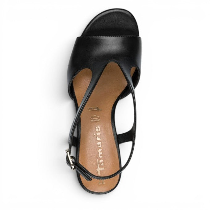 ShoeShop Tamaris black leather heeled sandals with an open toe and ankle strap, top-down view.