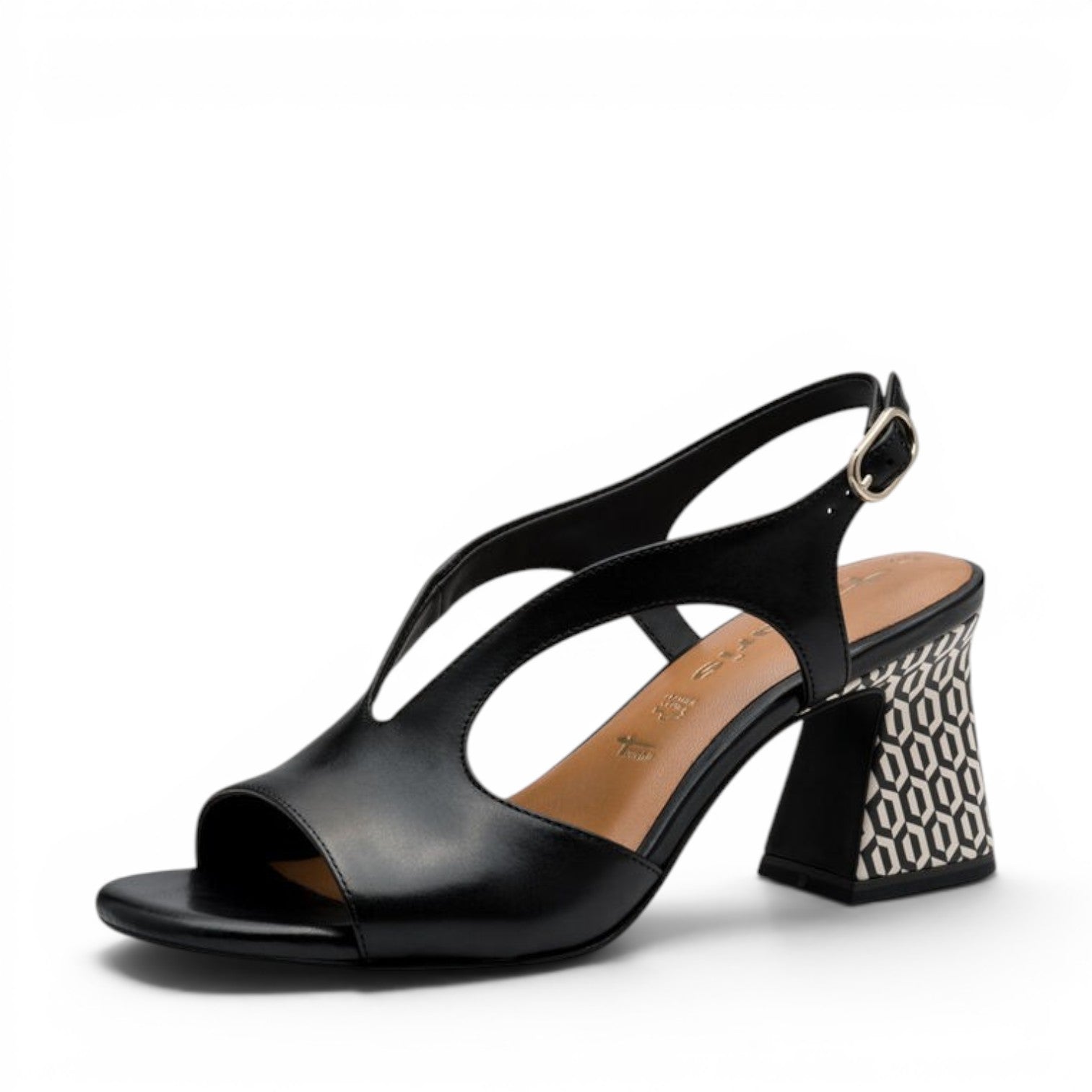 ShoeShop Tamaris black leather slingback sandals with a patterned block heel and adjustable ankle strap