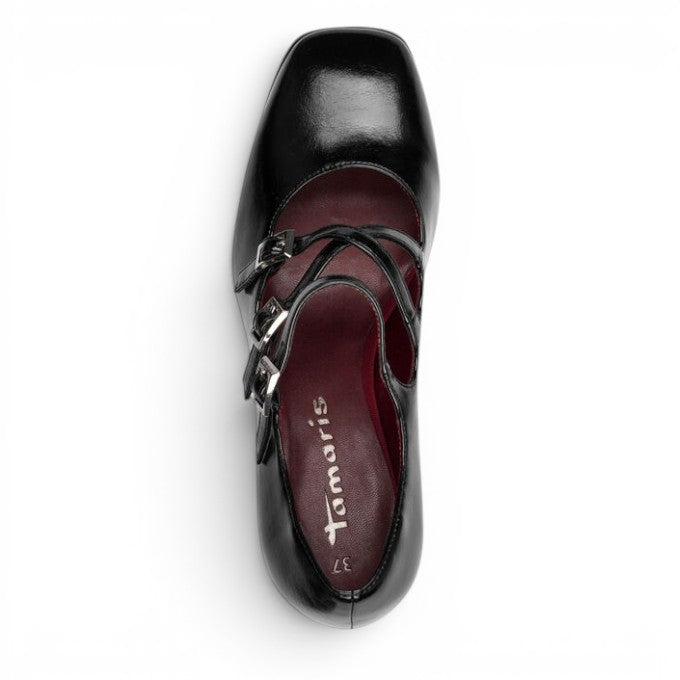 ShoeShop Tamaris black Mary Jane heels with double buckle straps and a square toe, top-down view.