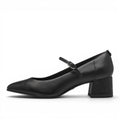 ShoeShop Tamaris black leather Mary Jane pumps with a pointed toe and block heel