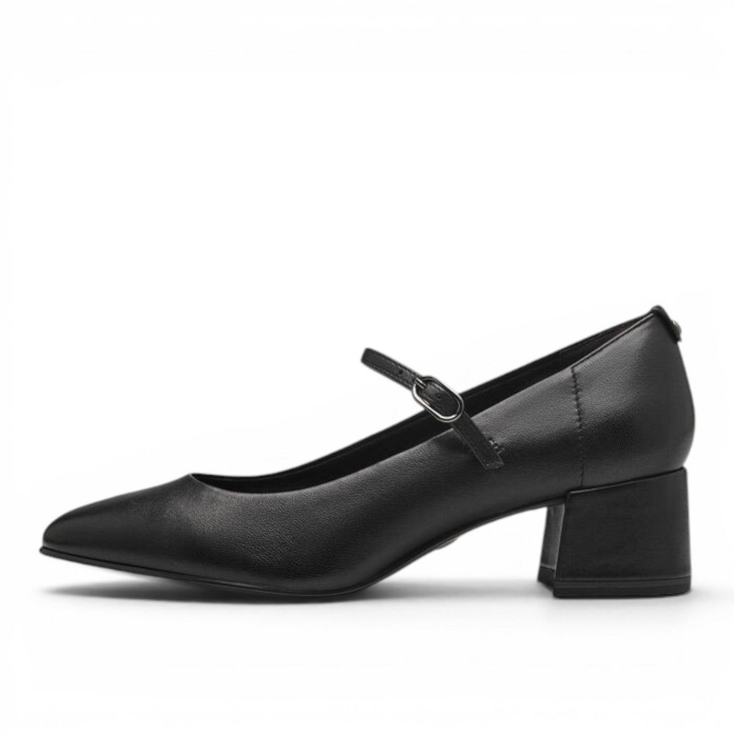 ShoeShop Tamaris black leather Mary Jane pumps with a pointed toe and block heel