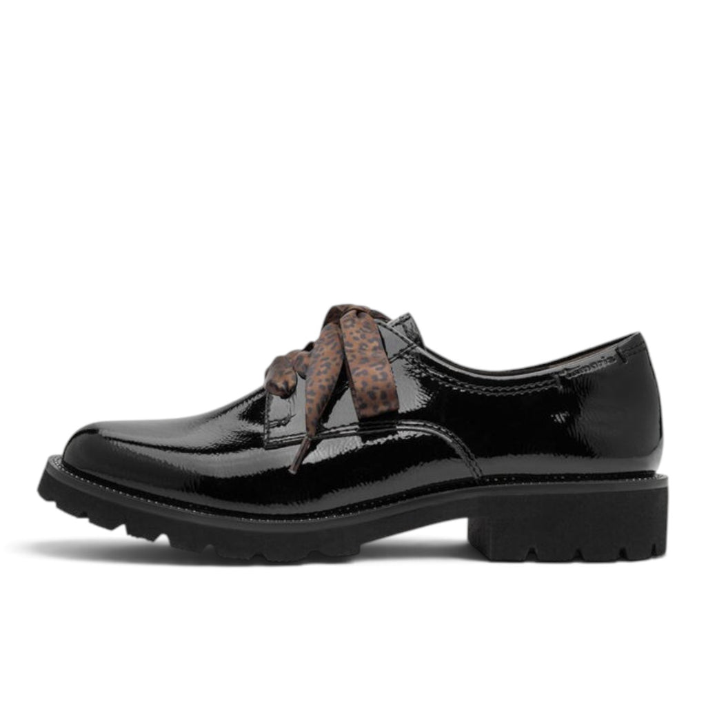 ShoeShop Tamaris black patent leather lace-up derby shoes with leopard print ribbon laces and chunky lug sole