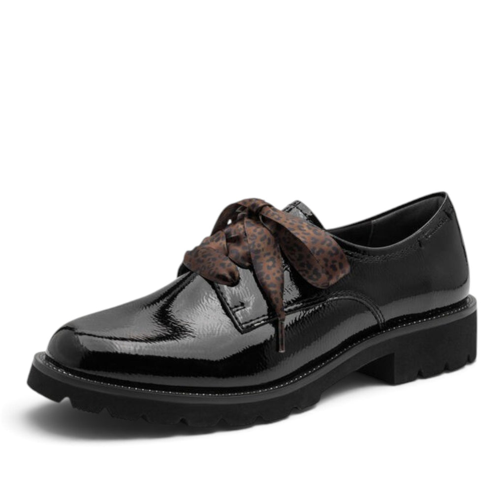 ShoeShop Tamaris black patent leather lace-up shoes with brown leopard print ribbon laces and a chunky lug sole