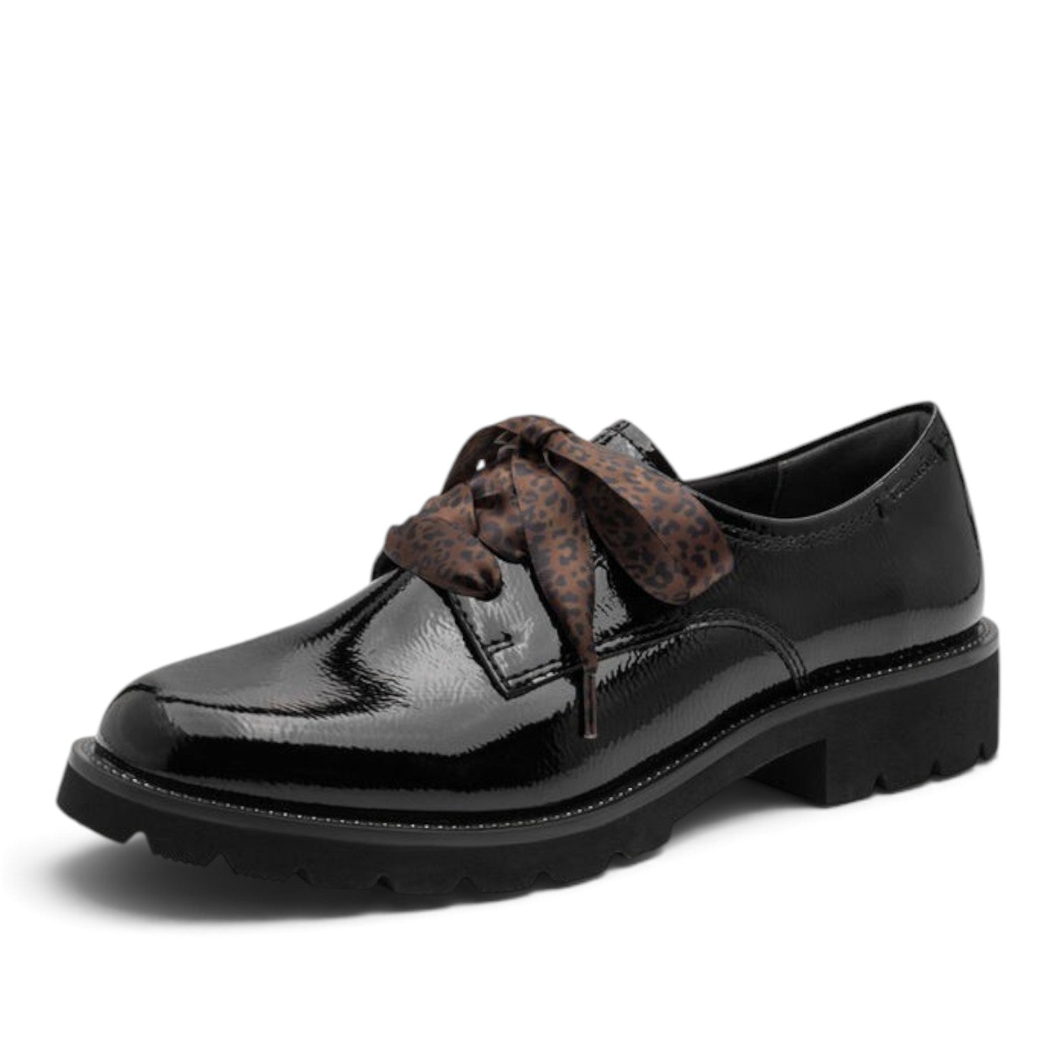 ShoeShop Tamaris black patent leather lace-up shoes with brown leopard print ribbon laces and a chunky lug sole