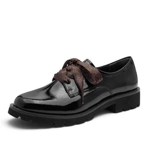 ShoeShop Tamaris black patent leather lace-up shoes with brown leopard print ribbon laces and a chunky lug sole