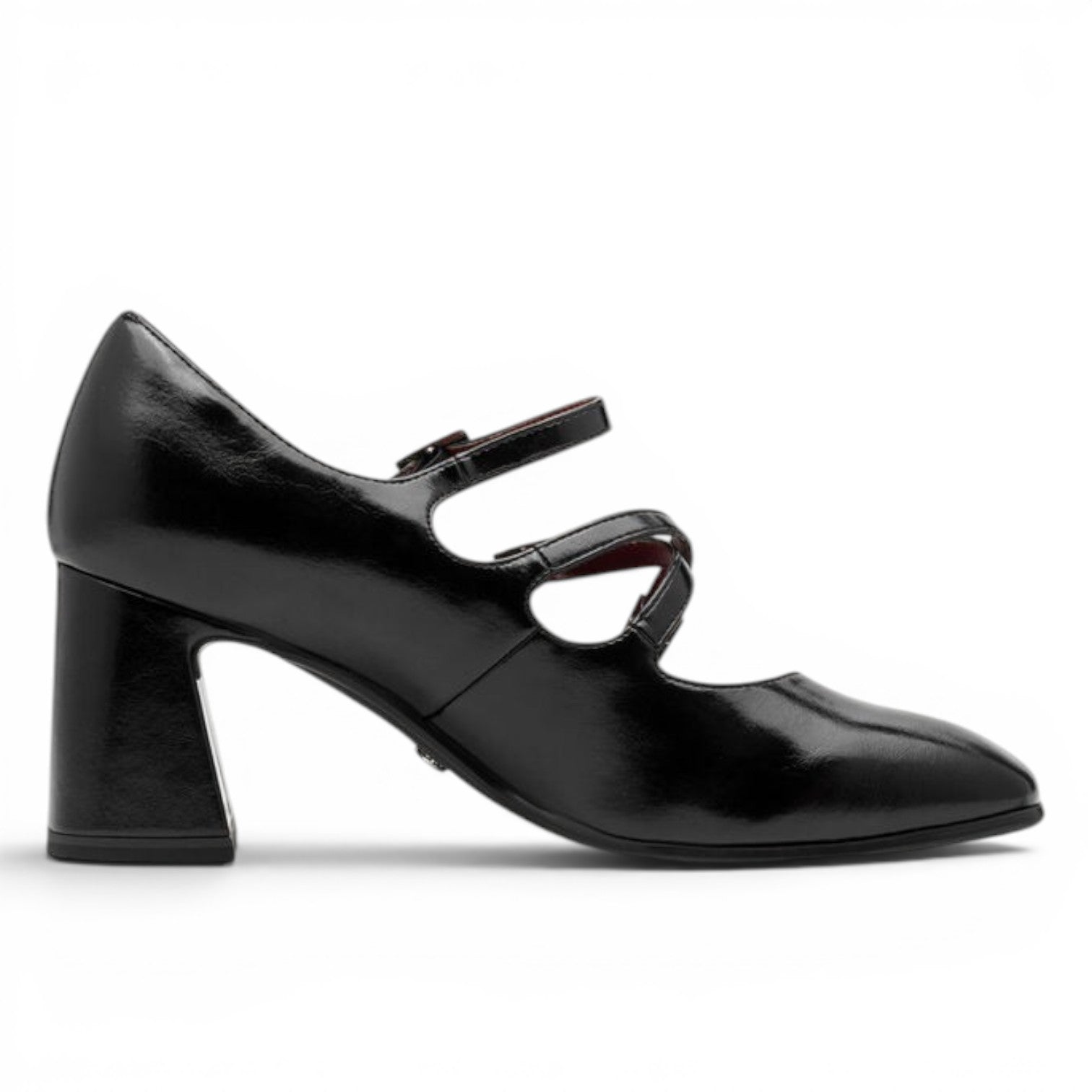 ShoeShop Tamaris black patent leather Mary Jane heels with double straps and block heel