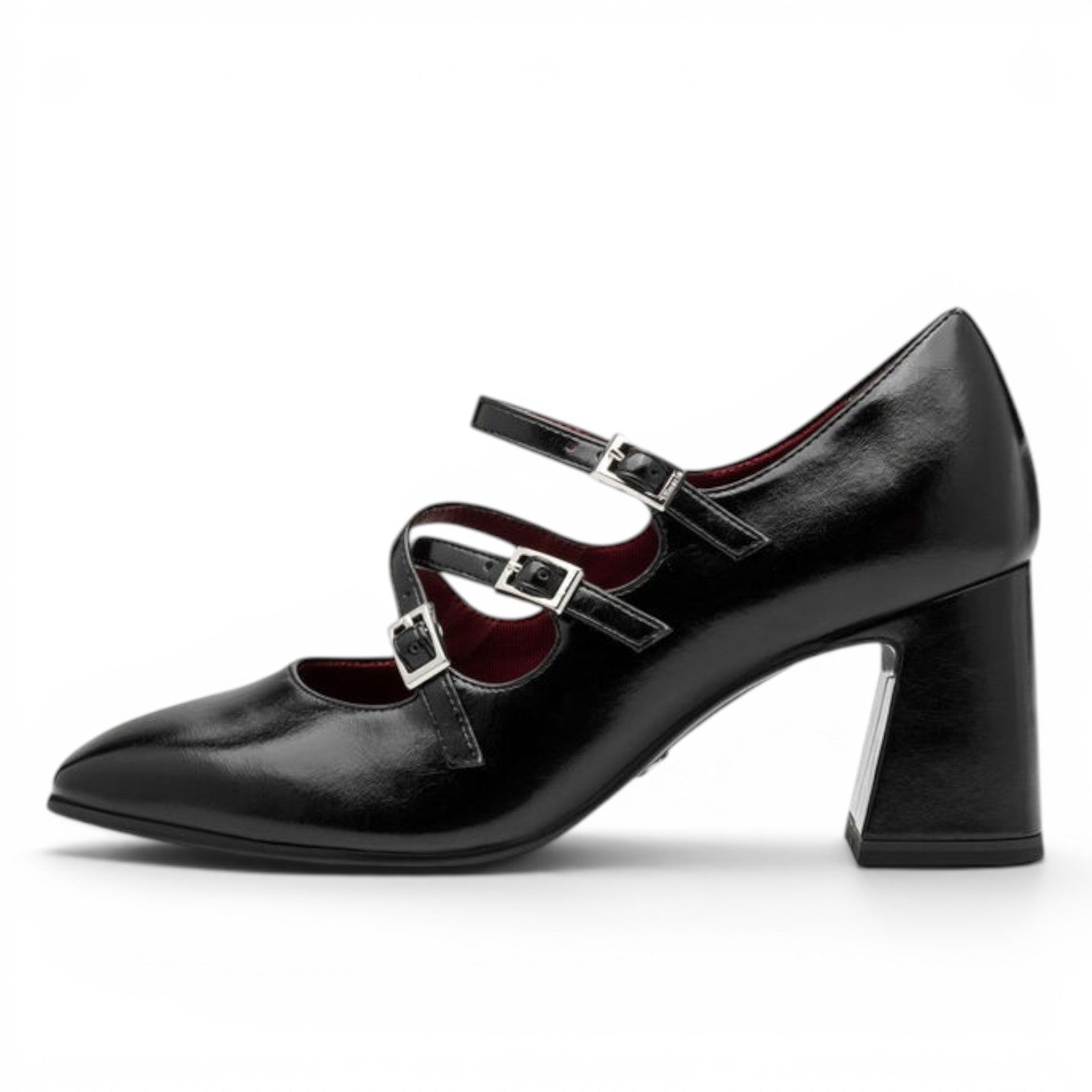 ShoeShop Tamaris black patent leather Mary Jane heels with double buckle straps and block heel