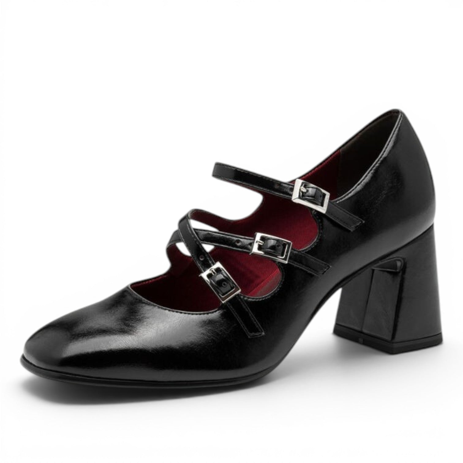 ShoeShop Tamaris black patent leather Mary Jane heels with triple buckle straps and a block heel