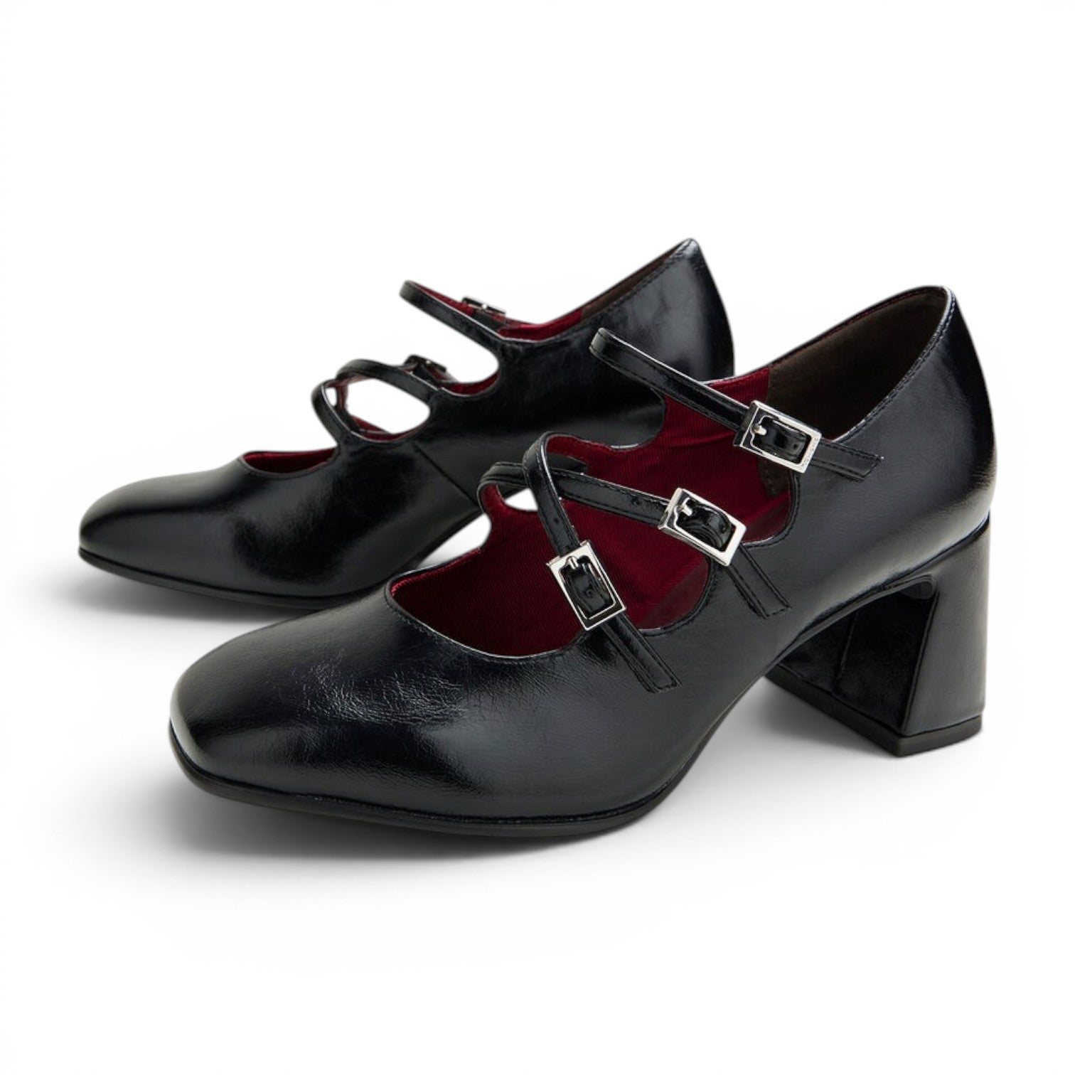 ShoeShop Tamaris black patent leather Mary Jane heels with double buckle straps and block heels