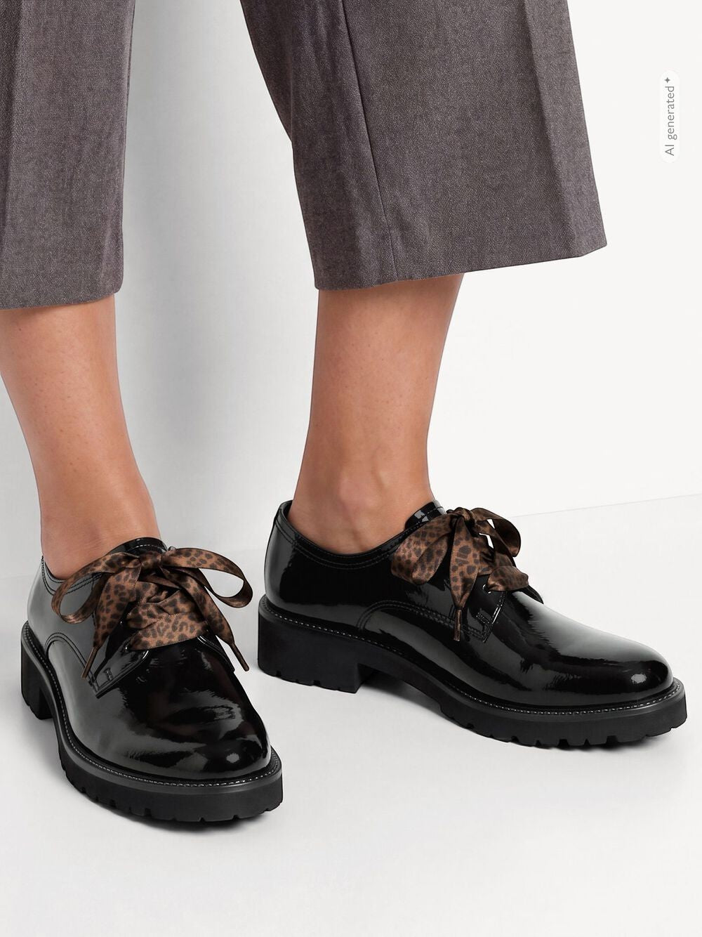 ShoeShop Tamaris black patent leather oxford shoes with leopard print ribbon laces and a chunky lug sole
