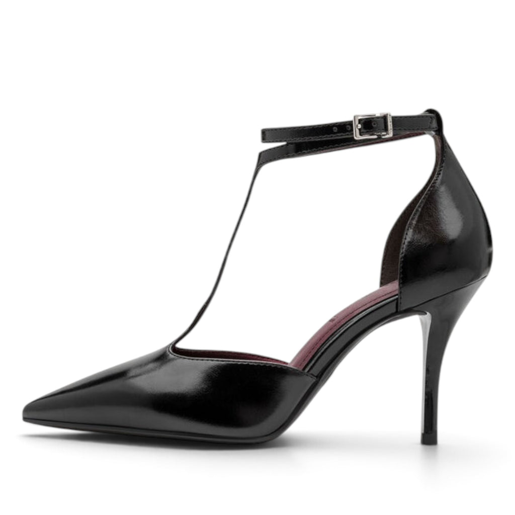 ShoeShop Tamaris black patent leather T-strap high heel pump with a pointed toe and adjustable ankle buckle
