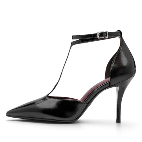 ShoeShop Tamaris black patent leather T-strap high heel pump with a pointed toe and adjustable ankle buckle