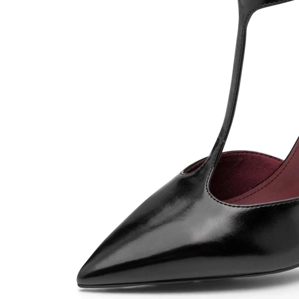 ShoeShop Tamaris 1/1-22461 black patent leather pointed-toe t-strap pump with dark red interior lining
