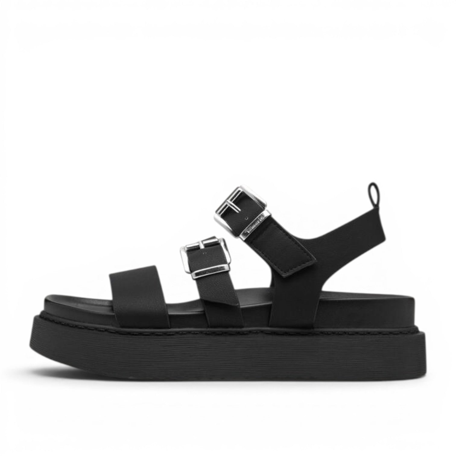 ShoeShop Tamaris black platform sandals with double buckle straps and a chunky sole