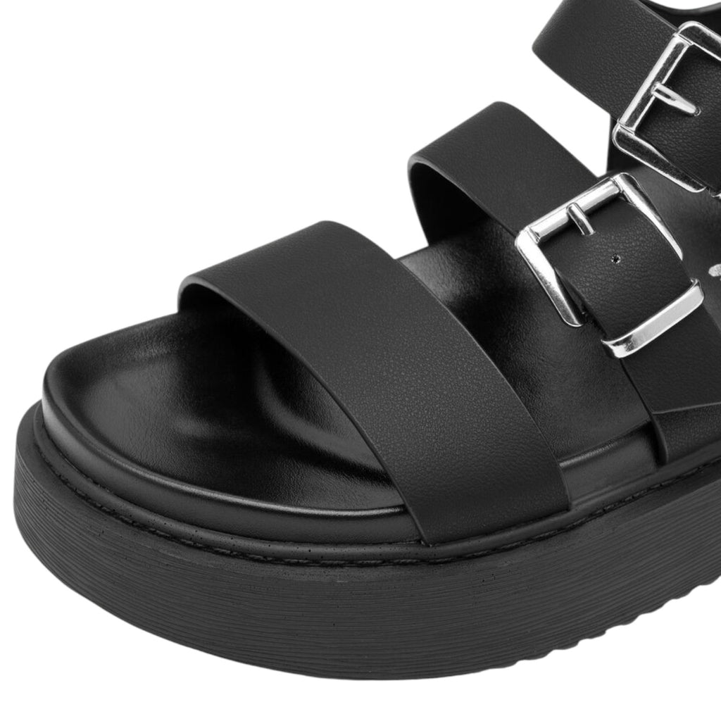 ShoeShop Tamaris black platform sandals with double buckle straps and a chunky sole
