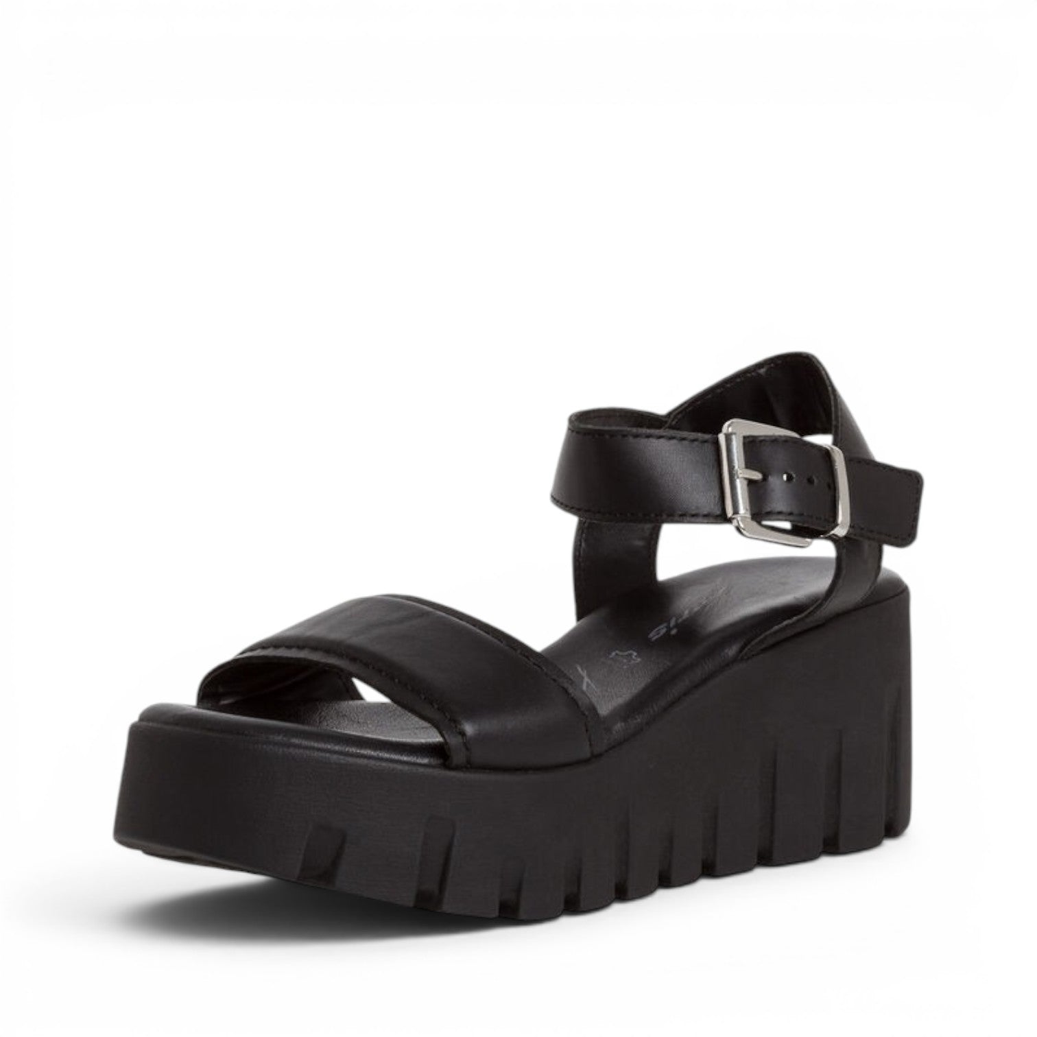 ShoeShop Tamaris black platform sandals with a chunky lug sole and adjustable ankle strap buckle closure
