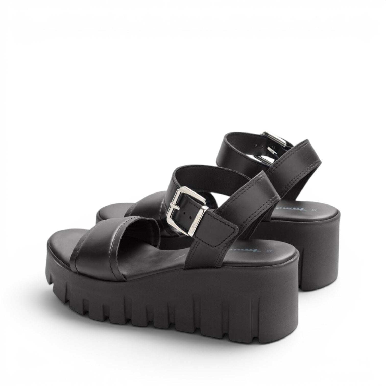 ShoeShop Tamaris black platform sandals with ankle strap and chunky lug sole