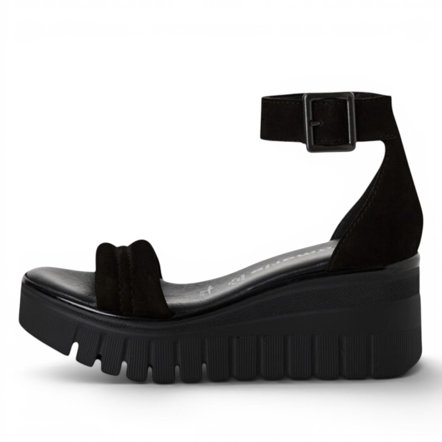 ShoeShop Tamaris black suede platform sandals with ankle strap and chunky lug sole