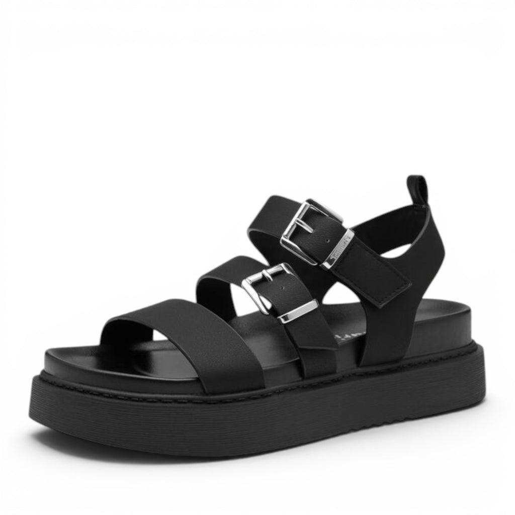 ShoeShop Tamaris black platform sandals with double buckle straps and a thick lug sole