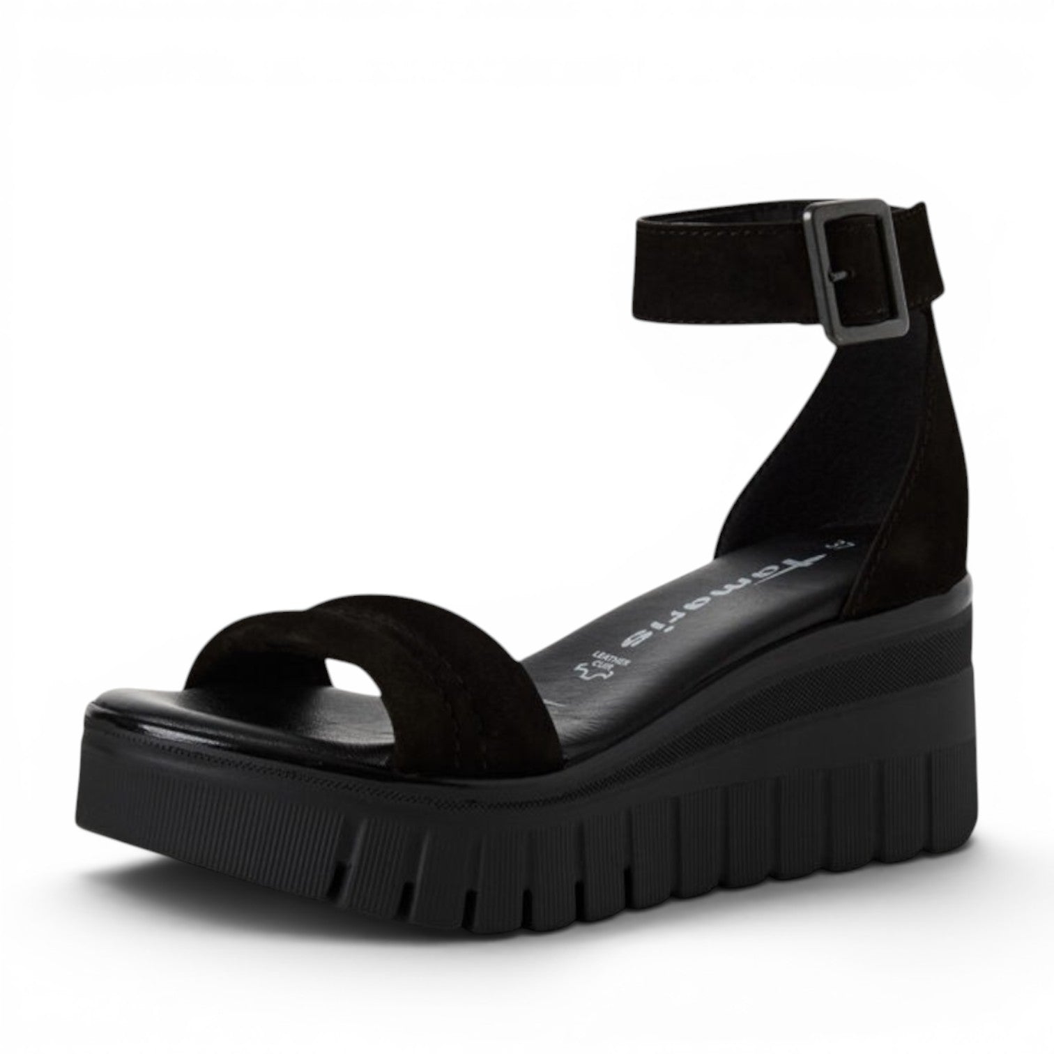 ShoeShop Tamaris black suede platform sandals with ankle strap and chunky ridged sole